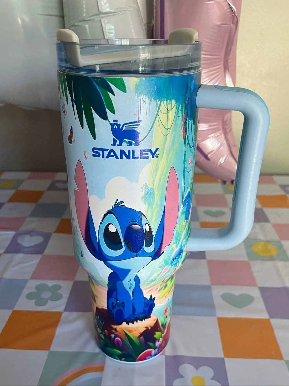Stanley inspired light Blue Stitch Travel Tumbler with Handle